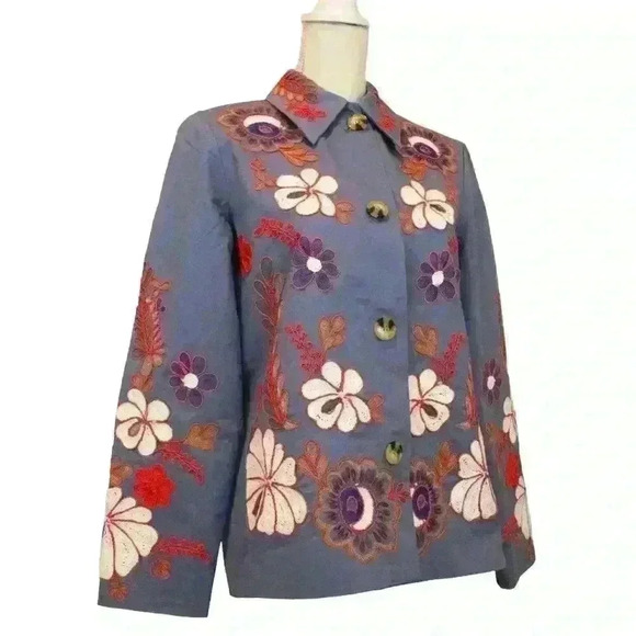 SFERA Collection Blue Button Down Embroidered Button Down Coat Size M - Picture 1 of 8